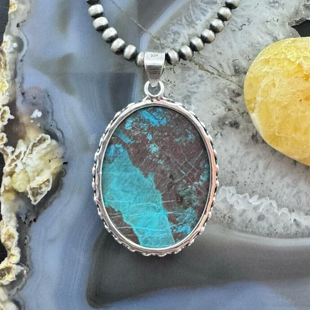 Sterling Silver Southwestern Style Large Oval Green Turquoise Pendant For Women - Picture 7 of 10